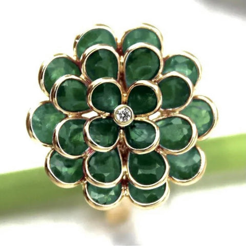 Flower Emerald Diamond Fine Ring 18k Solid Yellow