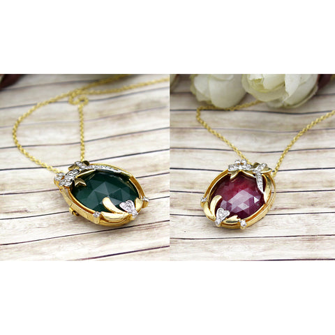 Natural Ruby Art Deco Style Pendant Changeable Emerald 18kt Solid Yellow Gold