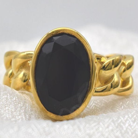 7 CT OVAL BLACK CRYSTAL MEN'S GOLD RING