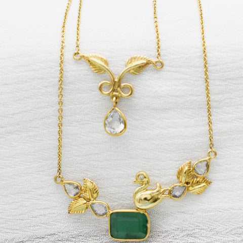 Exquisite Genuine Emerald| Diamond| White sapphire Necklace| Double layered Necklace|