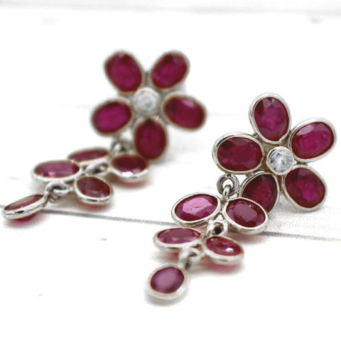 NATURAL RUBY FLOWER SHAPED WHITE GOLD DANGLING EARRINGS