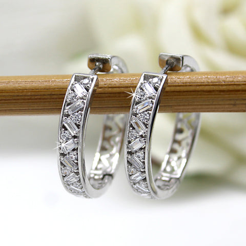 Baguette & Round Natural Diamond Unique 14kt Gold Hoop Earrings