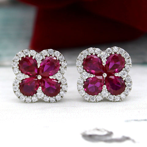 Pear Ruby Simulant Flower Stud Earrings