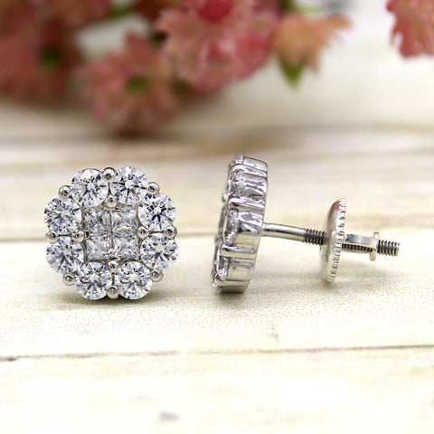 Round Princess Cut Diamond Flower Cluster Stud Earrings