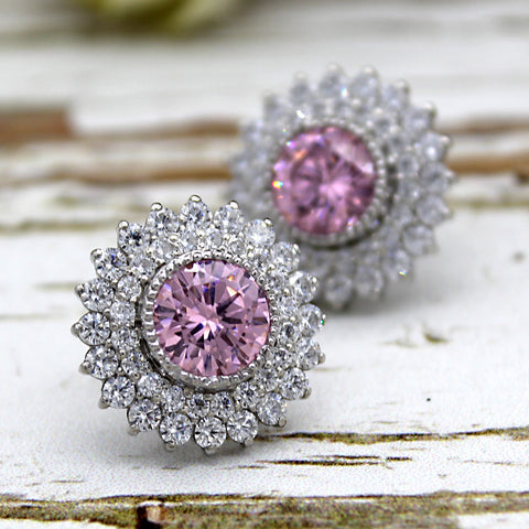 Pink Swarovski October Birthstone Double Halo Stud Earrings