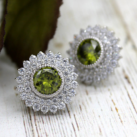 Green Swarovski August Birthstone Double Halo Stud Earrings