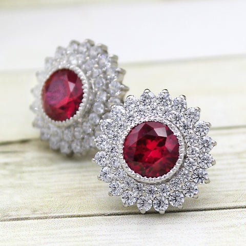 Red Swarovski July Birthstone Double Halo Stud Earring