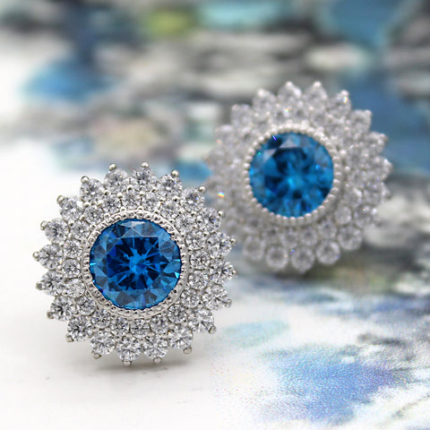 Blue Swarovski December Birthstone Double Halo Stud Earring