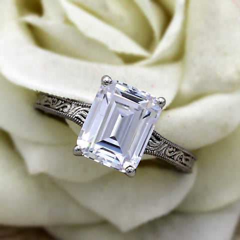 3.75 CT Emerald Cut Solitaire Swarovski Diamond Ring Sterling Silver Oxidized