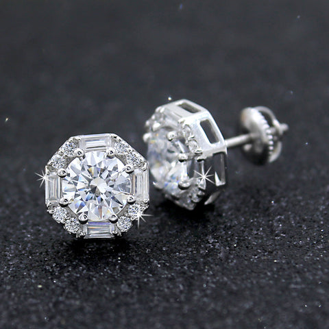 Exquiste Round & Baguette Halo Diamond Wedding Stud Earrings 14kt White Gold