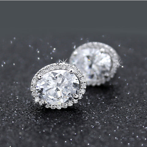 14kt Real White Gold Oval-Cut Halo Diamond Wedding Stud Earrings