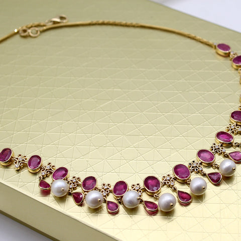 Natural Ruby Diamond Pearl Victorian Necklace 18kt Solid Yellow Gold