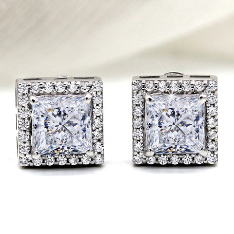 Princess Cut Halo Stud Earrings