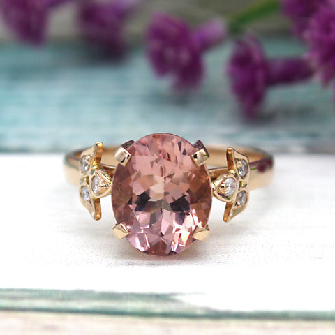 3.40 CT Oval Peach Morganite Diamond Engagement 18kt Solid Rose Gold Ring