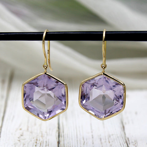 Natural Hexagon Amethyst Dangle Drop 18kt Solid Yellow Gold Earrings