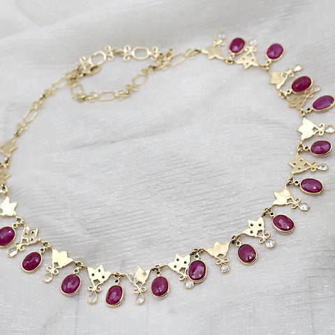 Natural Ruby & White Sapphire Bridal 18k Solid Yellow Gold Necklace