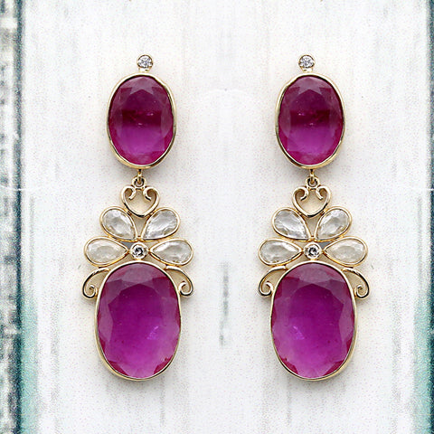 Oval Ruby Double Drop White Sapphire 18kt Yellow Gold Dangle Drop Earrings