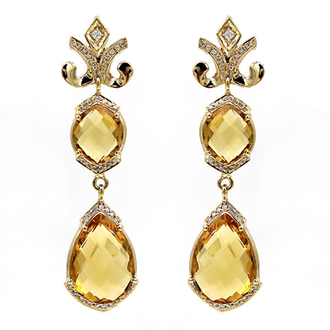 Natural Citrine Double Dangle Drop Diamond 18kt Yellow Gold Earrings