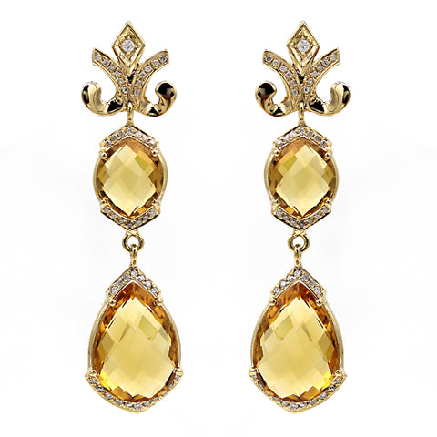 Natural Citrine Double Dangle Drop Diamond 18kt Yellow Gold Earrings