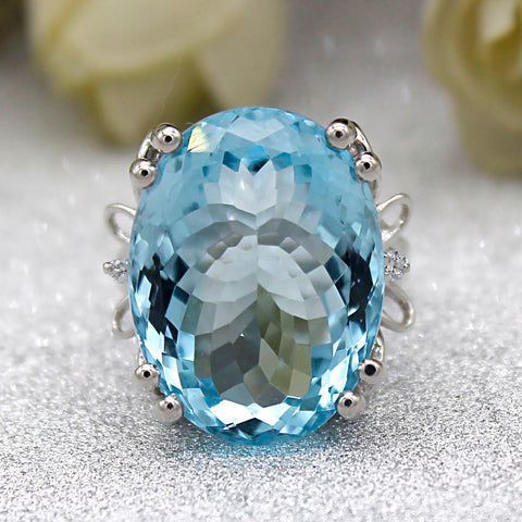 Natural Blue Topaz Oval Cut Huge Statement Ring