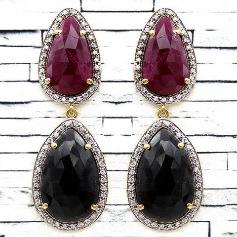 Natural Ruby Blue Sapphire & CZ Dangling Earrings
