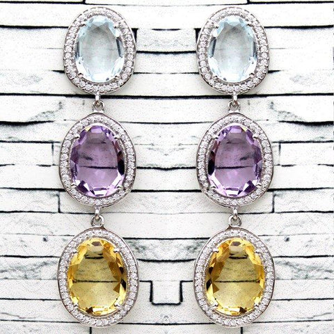 Long Citrine Amethyst Blue Topaz & CZ Dangling Earrings