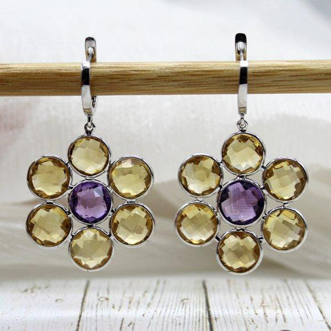 Citrine Amethyst Flower Long Earrings