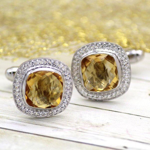 Natural Citrine & CZ Halo Faceted Cufflinks Fathers Day Gift