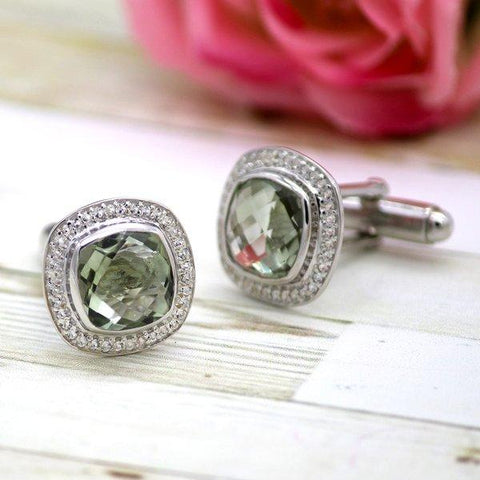 Natural Green Quartz & CZ Halo Cufflinks Fathers Day Gift