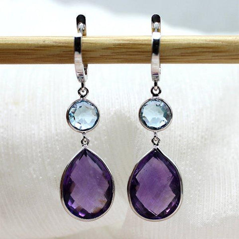 Amethyst Sky Blue Topaz Double Drop Dangling Earrings