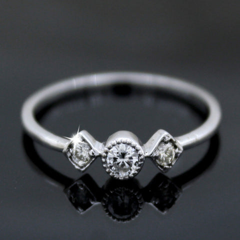 Delicate Three Diamond Engagement Ring| 10K solid White Gold|