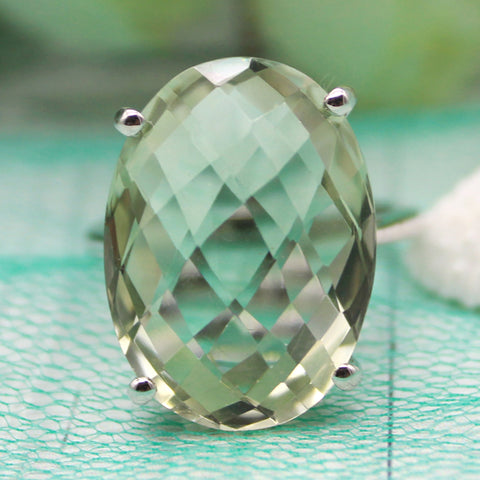 925 Sterling Silver Natural Green Quartz Oval Statement Ring
