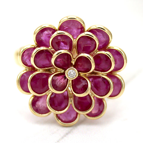 Flower Ruby Diamond Fine Ring 18k Solid Yellow