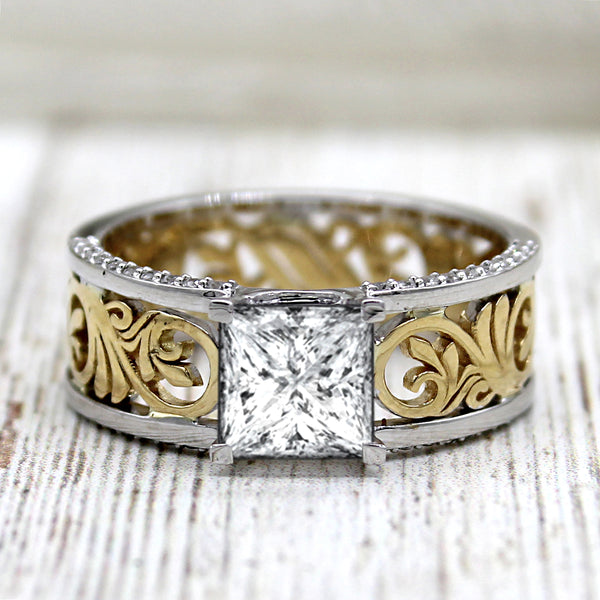 2 Ct Princess Cut Two Tone Filigree Simulated Diamond Ring – Archariel