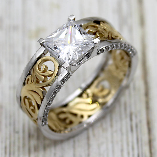 2 Ct Princess Cut Two Tone Filigree Simulated Diamond Ring – Archariel
