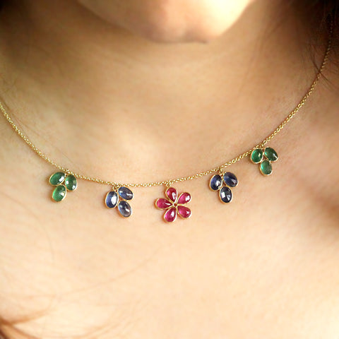 Flower Necklace Natural Ruby Blue Sapphire Emerald 18k Solid Yellow Gold