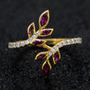 Simulated Ruby & Diamond Leaf Ring 14kt Yellow Gold
