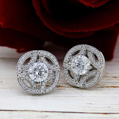 Art Deco Round Diamond Cluster 14k White Gold Earrings