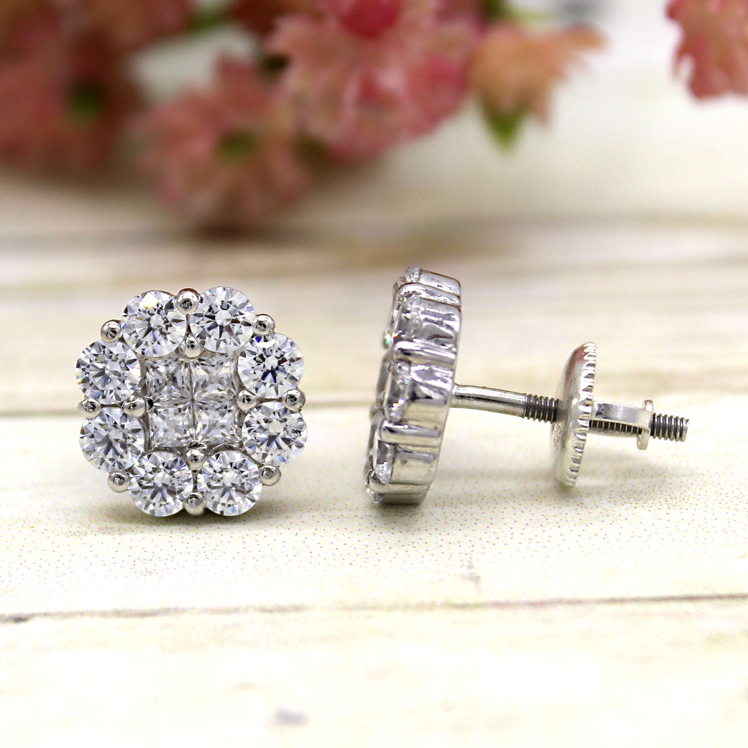 18ct White Gold Sapphire  Diamond Flower Cluster Earrings  Buy Online   Free Insured UK Delivery