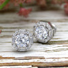 Exquiste Round & Baguette Halo Diamond Wedding Stud Earrings 14kt White Gold