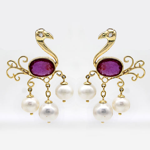 Natural Peacock Ruby Pearl Dangle Drop Earrings Crafty 18kt Solid Yellow Gold