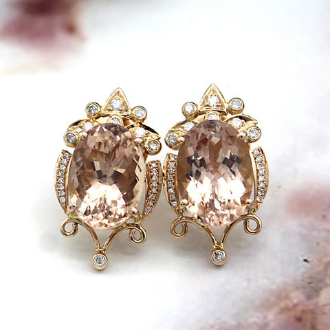 15x10 MM Oval Morganite Victorian 18kt Rose Gold Diamond Cocktail Stud Earrings