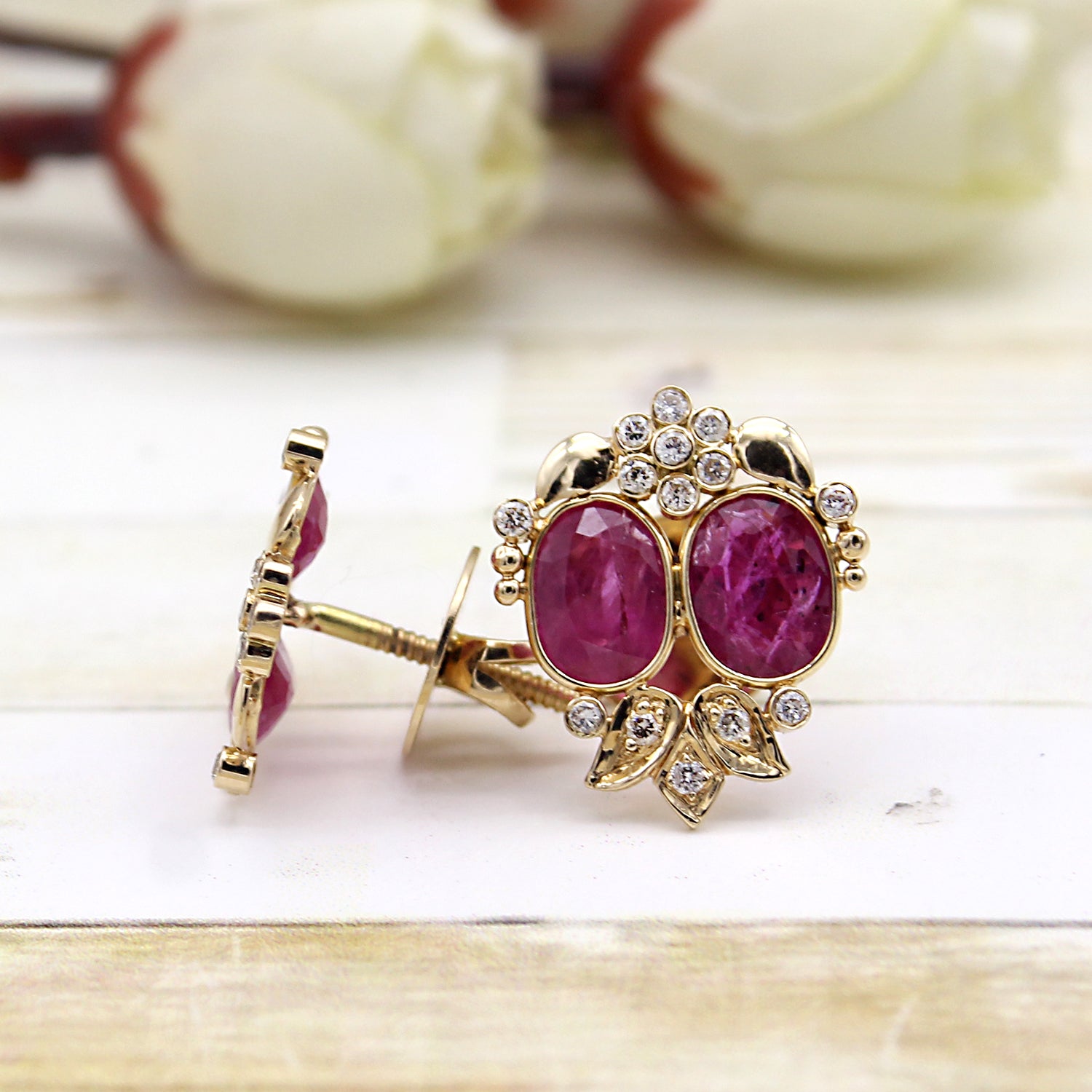 9ct Gold Natural Ruby Huggie Earrings in Red | Angus & Coote