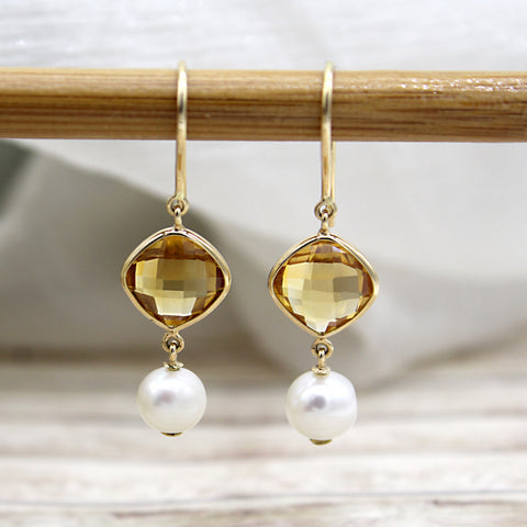 Natural Citrine Double Drop Pearl Earrings
